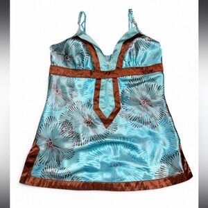 Y2K Silk Charlotte Russe Baby Blue Floral Satin Cami with Brown Trim
